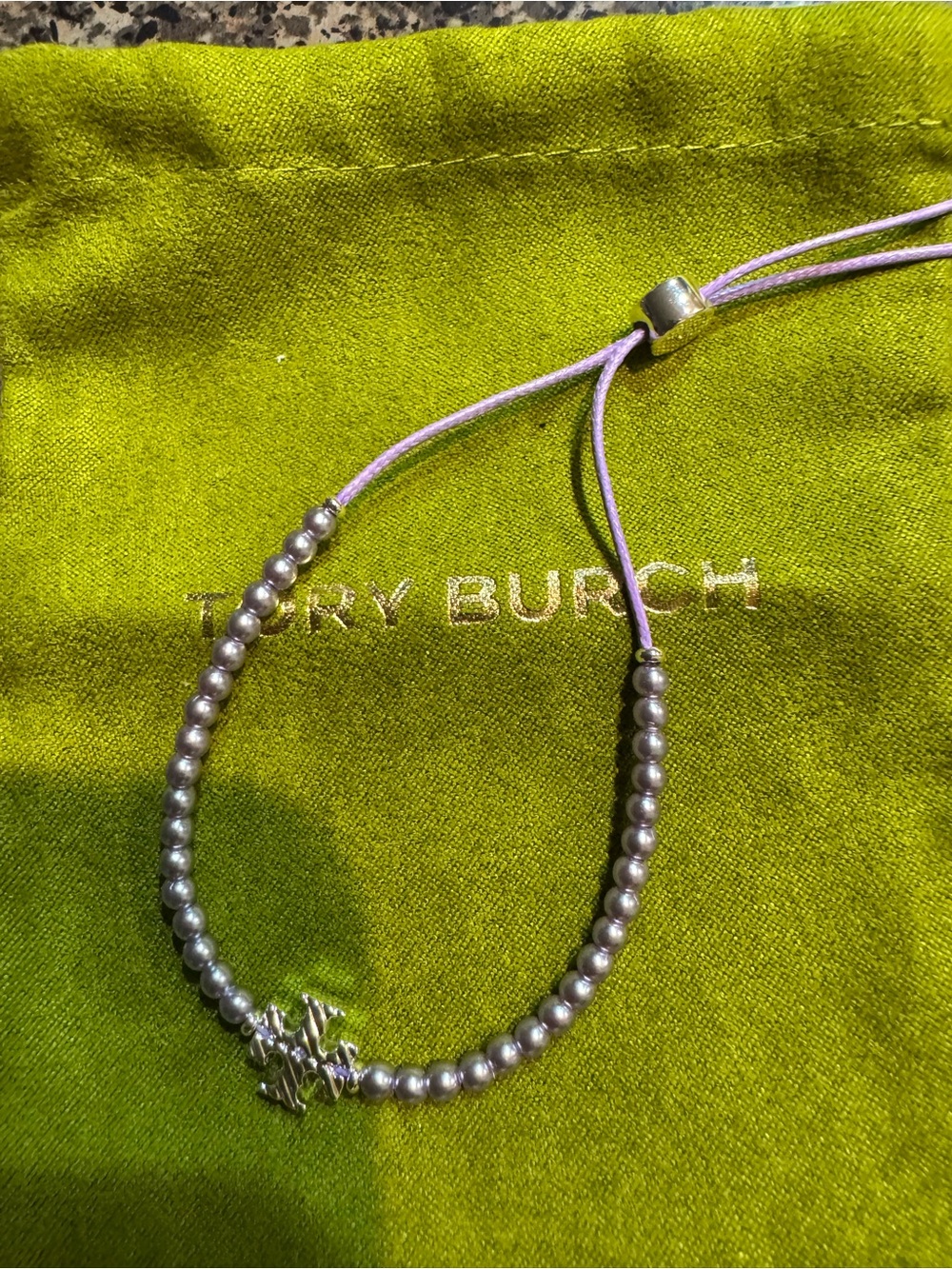 Tory Burch Silver Beaded Logo Bracelet with Lavender Cord